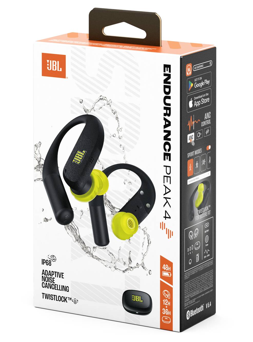 Verpackung der JBL Endurance Peak 4 drahtlosen Ohrhörer mit adaptiver Geräuschunterdrückung, IP68-Schutzklasse, 48h Akkulaufzeit und Bluetooth 5.3.