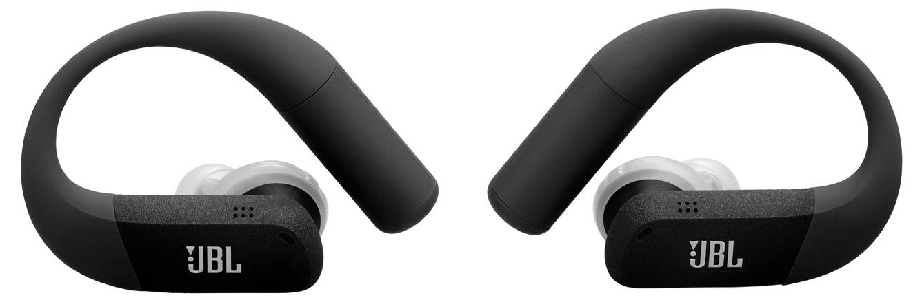 Schwarze JBL Over-Ear-Wireless-Ohrhörer mit Haken-Design, die einander zugewandt sind.