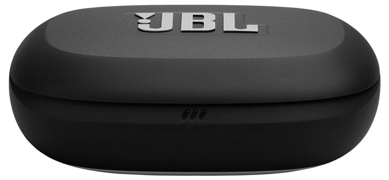 Eine schwarze ovale JBL-Ohrhörer-Ladehülle mit dem Logo auf der Oberseite.