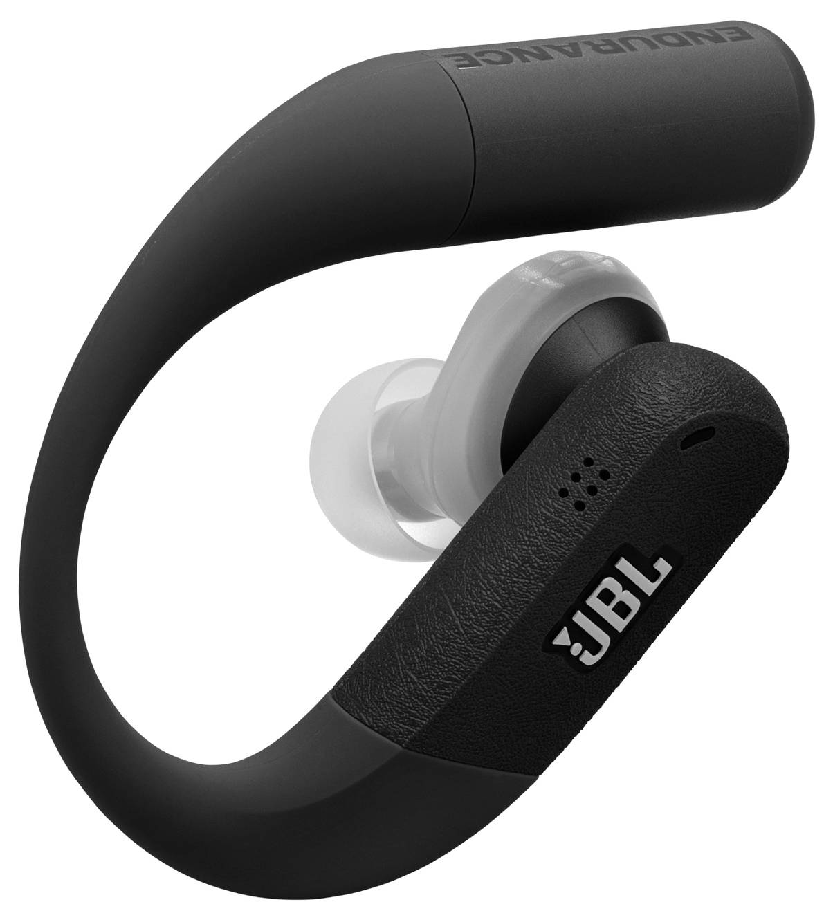 Schwarze JBL drahtlose Sport-Ohrhörer mit Überkopfbügel, entwickelt für einen sicheren Halt bei körperlichen Aktivitäten.