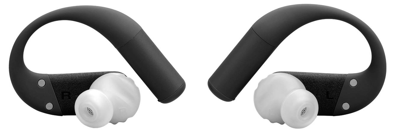 Schwarze kabellose Ohrhörer mit Bügeln, die mit 