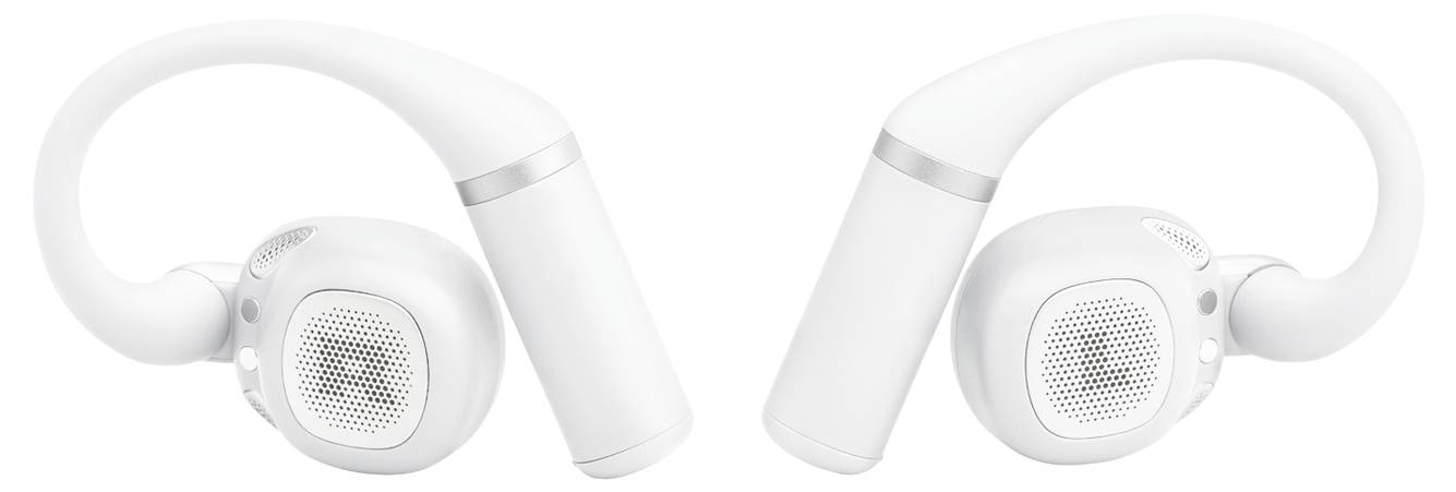 Ein Paar moderne, weiße Over-Ear-Kopfhörer mit elegantem Design nebeneinander, die Ohrpolster und Kopfbügel zeigen.