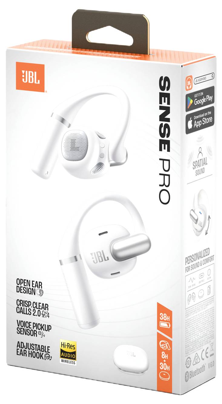 'JBL Sense Pro' kabellose Ohrhörer Verpackung; Funktionen: Open-Ear-Design, kristallklare Anrufe 2.0, Sprachauffassung, verstellbarer Ohrbügel, 36h Akkulaufzeit.