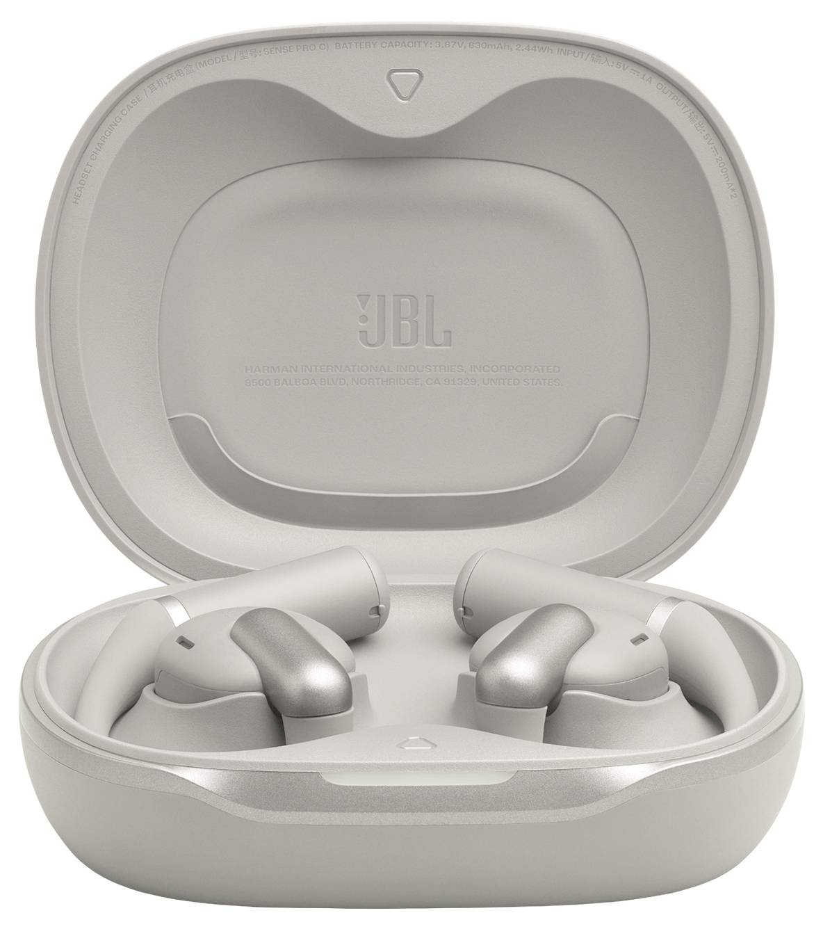 Offene graue Ladehülle, die ein Paar graue kabellose Ohrhörer zeigt, die für bequeme Mobilität und Audio unterwegs konzipiert sind.