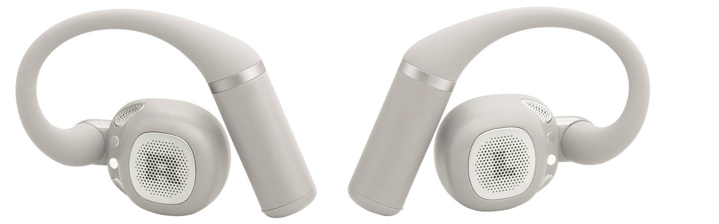 Kabellose Kopfhörer, entwickelt mit einem einzigartigen Ohrbügel, die ein schlankes, minimalistisches graues Design aufweisen.
