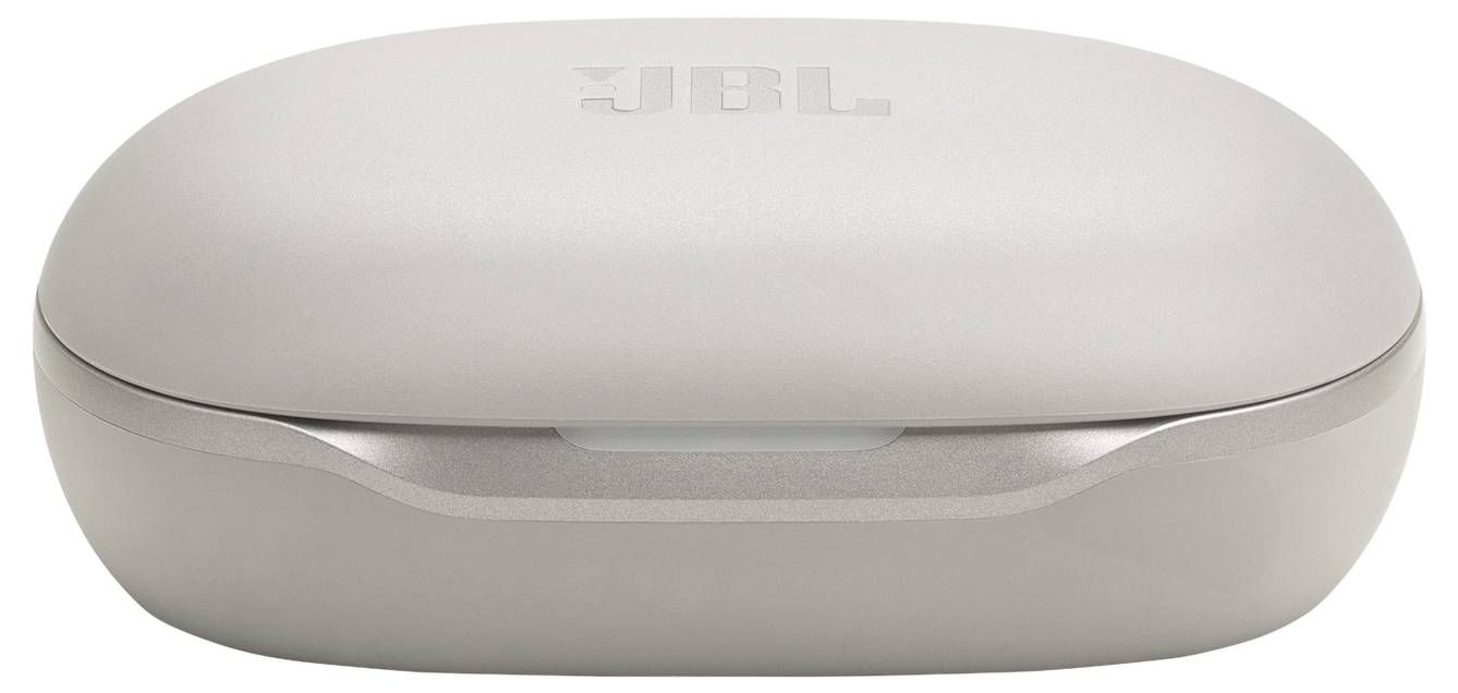 Eine kleine, graue ovale Hülle für kabellose Ohrhörer mit einem dezenten Logo auf der Oberseite.