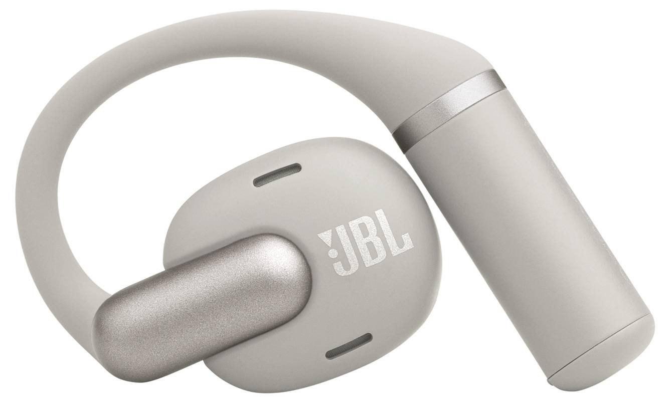 Ein grauer JBL-Wireless-Ohrhörer mit ergonomischem Design und integriertem Haken für einen sicheren Sitz.