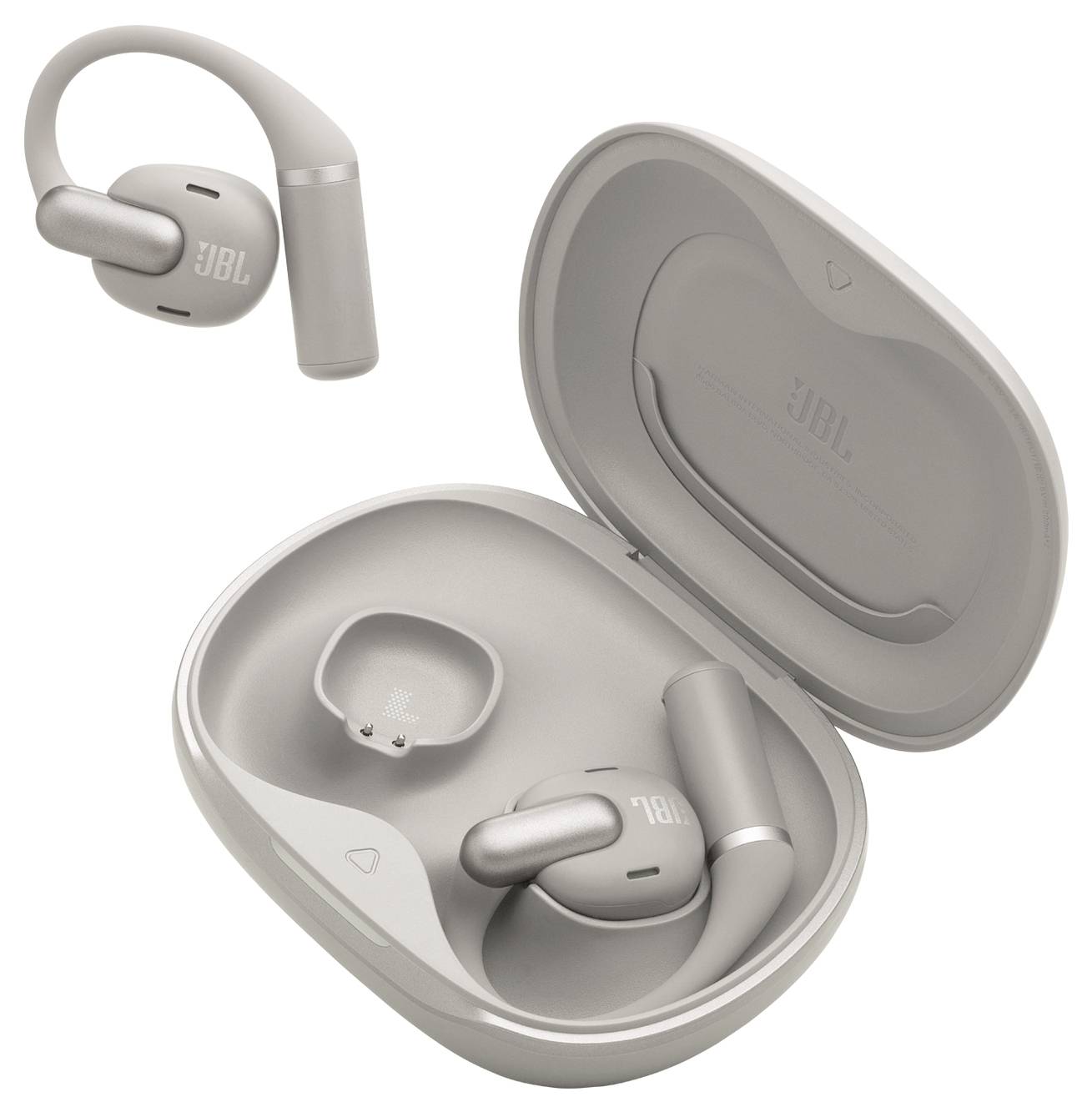 Ohrhörer und Ladeetui in heller Graufarbe, die ein ergonomisches Design mit Over-Ear-Bügel und kompaktem Ladebox präsentieren.