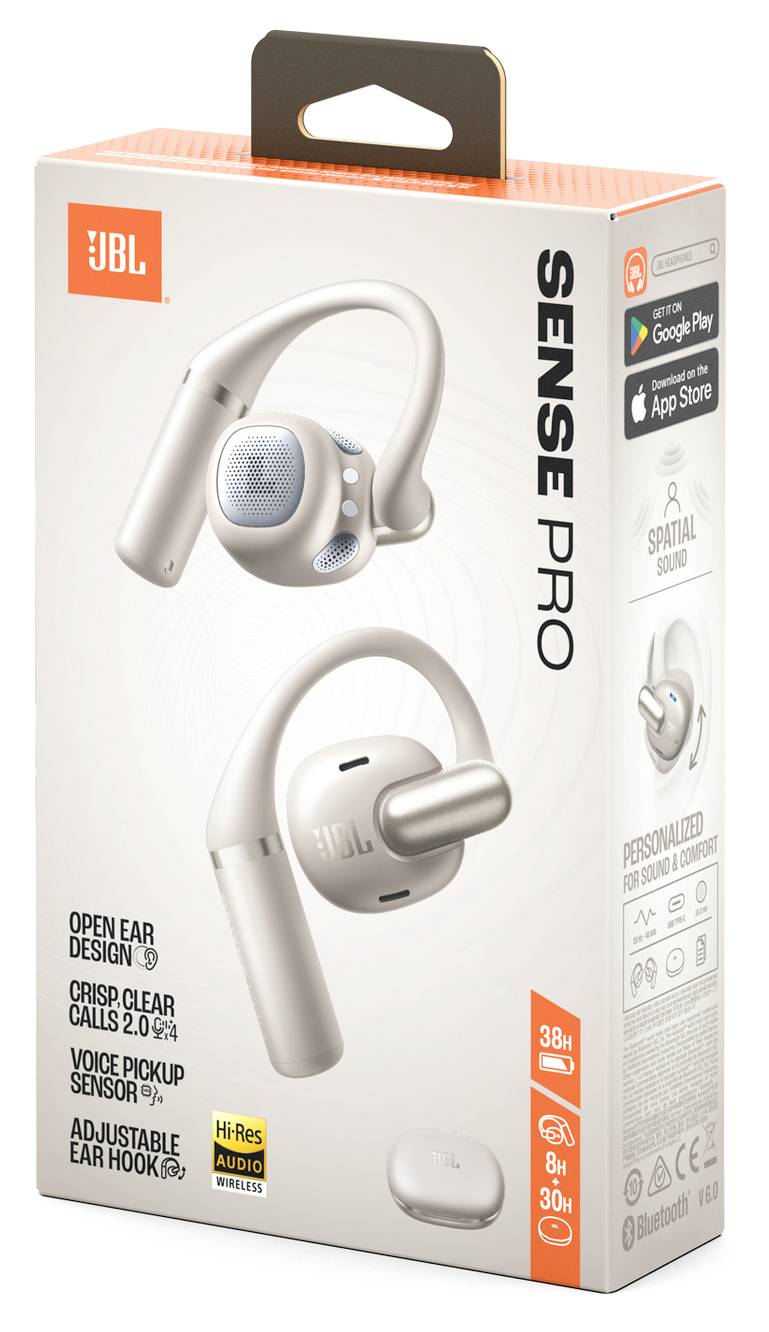 Weiße Box von JBL Sense Pro Open-Ear-Kopfhörern, geöffnet, mit Bildern, die Designmerkmale zeigen. Highlights umfassen verstellbaren Ohrbügel, Sprachaufnahme und App-Kompatibilität.