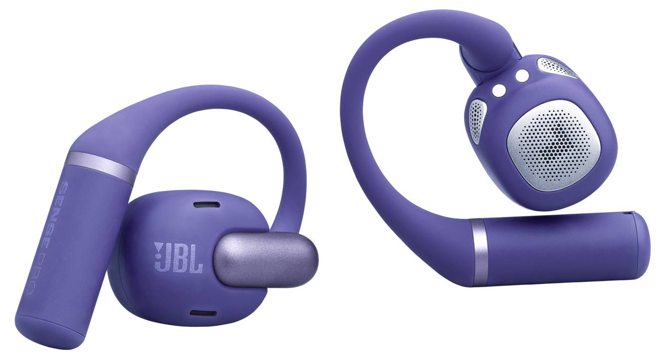 Lila JBL kabellose Ohrhörer mit Over-Ear-Bügeln, mit strukturierten Akzenten und sichtbarem Markenlogo, gegen einen weißen Hintergrund positioniert.