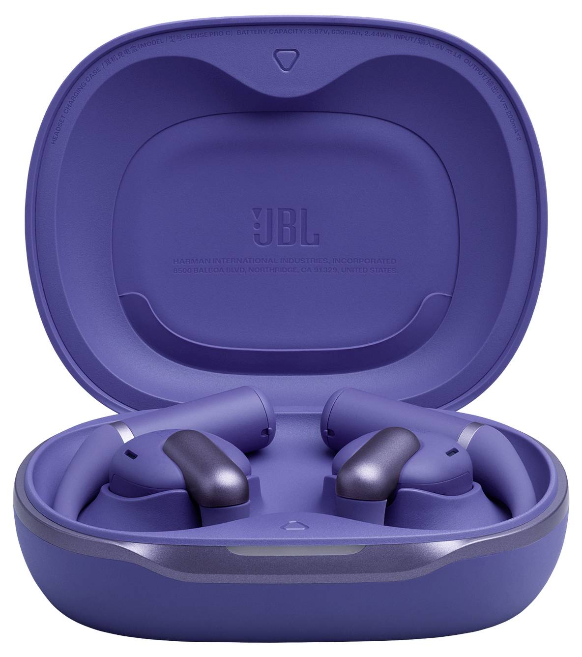 Blaue kabellose Kopfhörer in einem geöffneten Ladeetui, Markenlogo auf der Innenseite des Etuis sichtbar.