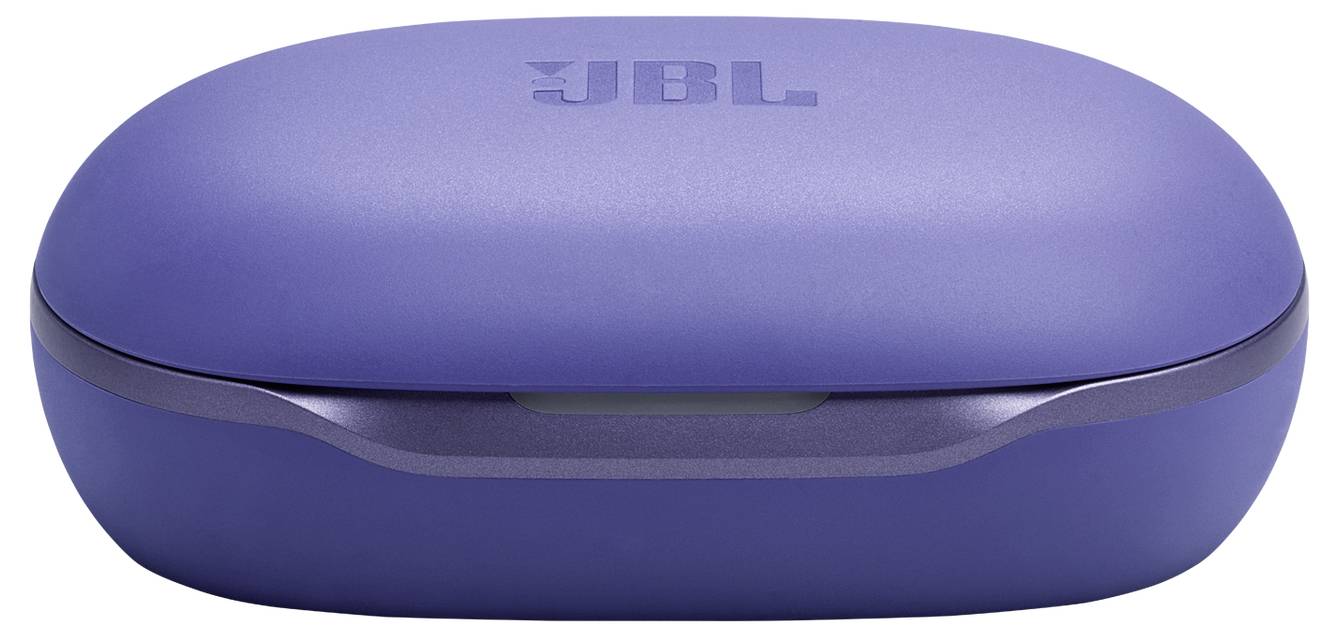 Eine lila JBL-Ohrhörertasche mit dem Logo oben, geschlossen und von vorne gezeigt.