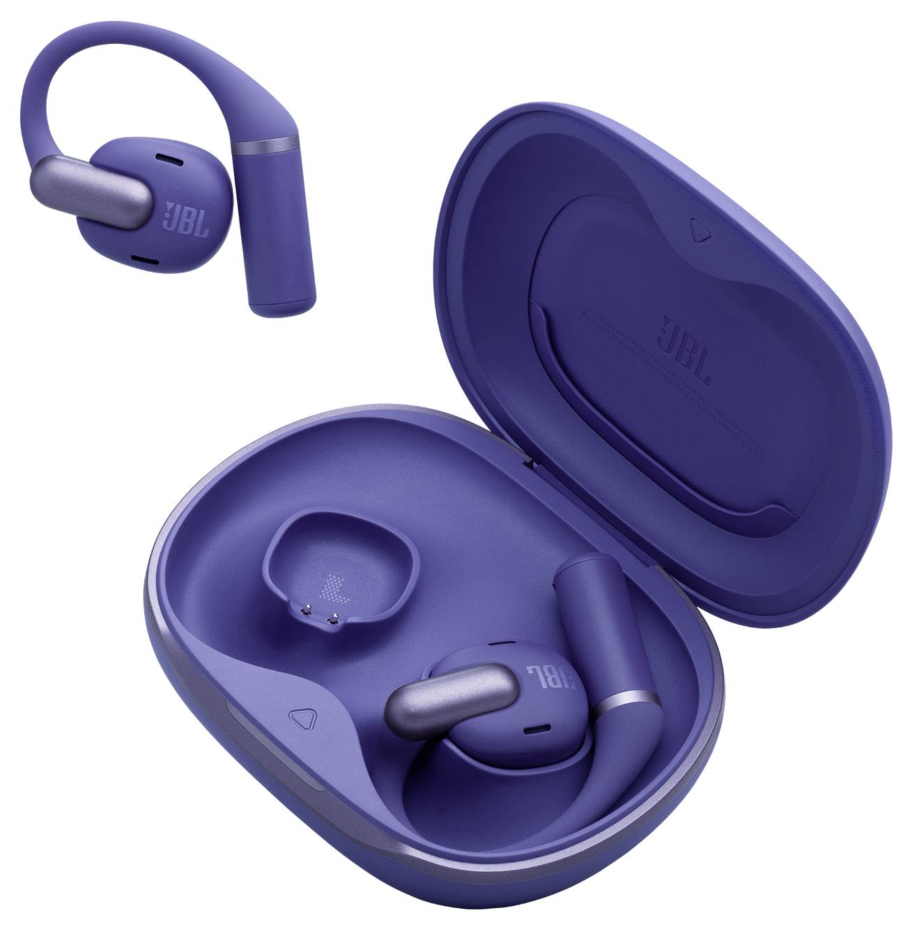 Blaue kabellose Ohrhörer in einer passenden Ladehülle, beide mit dem JBL-Logo versehen.