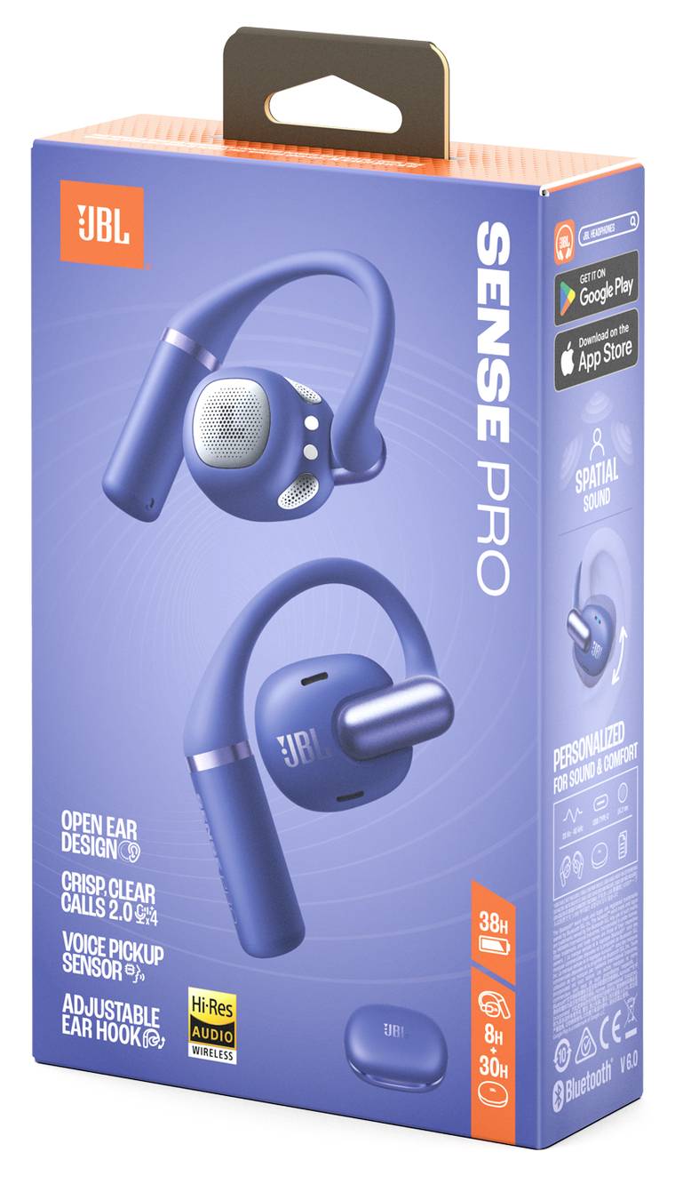 Karton der JBL Sense Pro drahtlosen Ohrhörer, der Funktionen wie räumlichen Klang, Sprachaufnahmesensor und verstellbares Ohrhaken-Design hervorhebt.