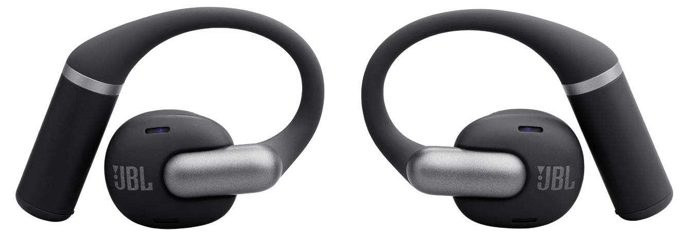 Schwarze JBL kabellose Kopfhörer mit Überohr-Bügeln, entwickelt für einen sicheren Sitz und verbesserte Klangqualität, geeignet für aktive Nutzung.