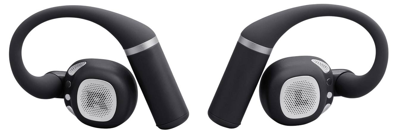 Schwarze kabellose Over-Ear-Kopfhörer mit flexiblen Ohrbügeln und silbernen Akzenten, entwickelt für Sport und aktive Lebensstile.
