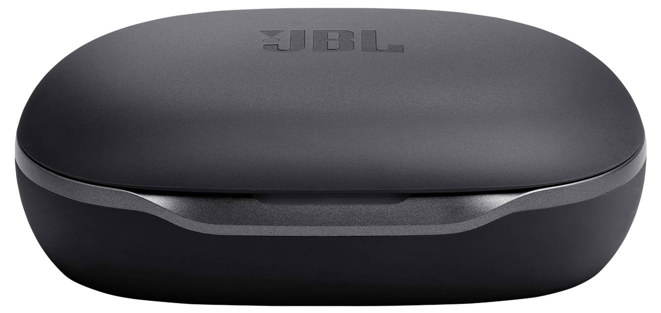 Schwarze JBL-Ohrhörer-Ladehülle mit glatter, ovaler Form und einem Logo auf der Oberseite.