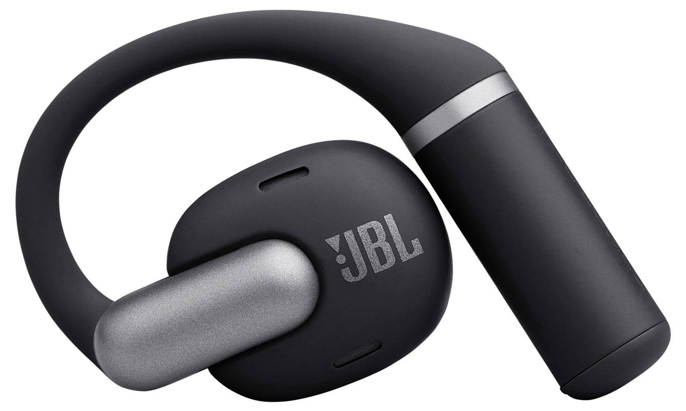 Eine schwarze JBL Open-Ear-Kopfhörer mit elegantem, modernem Design, ausgestattet mit einem zylindrischen Mikrofon- oder Batteriesegment und einem komfortablen Ohrbügel.