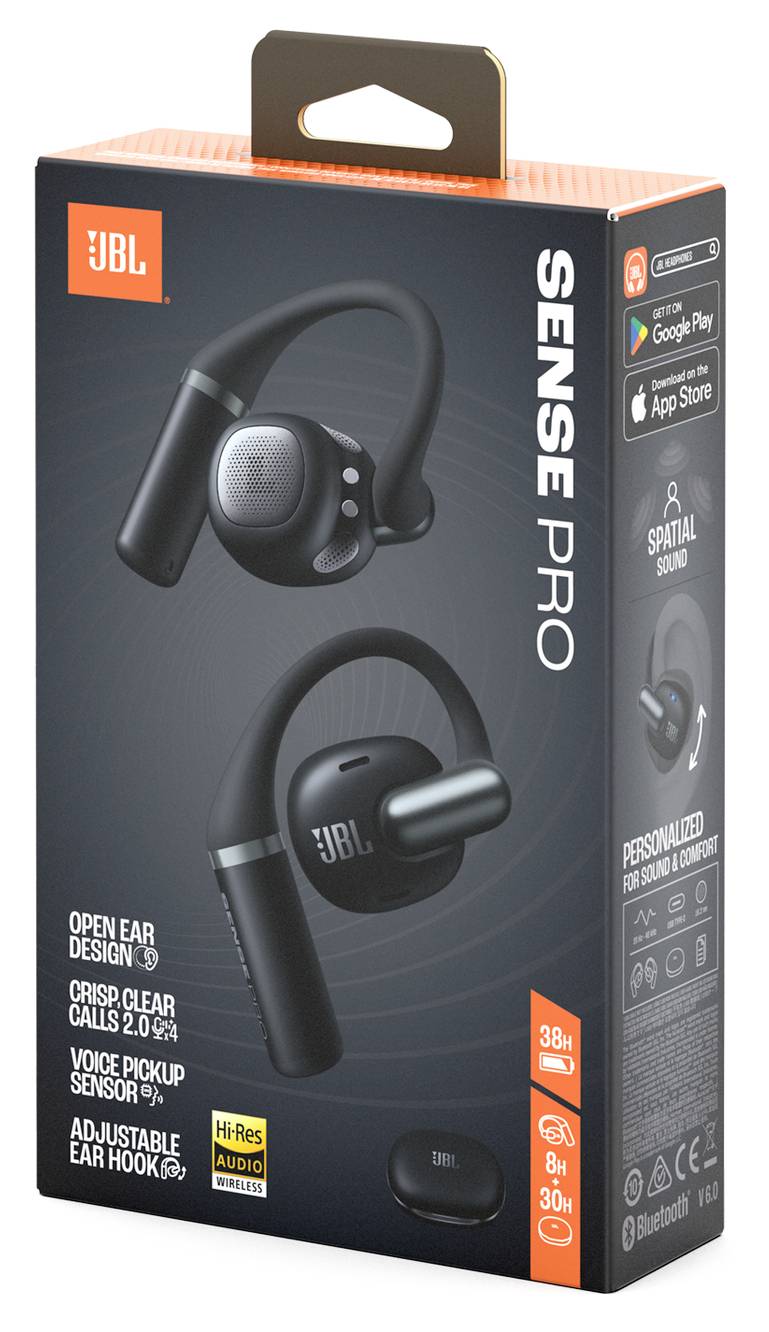 Box für 'JBL Sense Pro' Ohrhörer mit Spatial Sound, verstellbaren Ohrbügeln und beworbener Akkulaufzeit von 38 Stunden. Kompatibel mit Android und Apple.