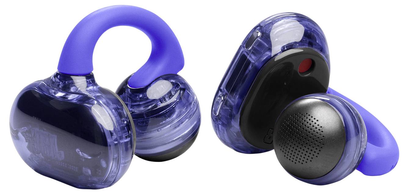 Blaue und schwarze In-Ear-Kopfhörer mit einem einzigartigen Haken-Design für einen sicheren Sitz.