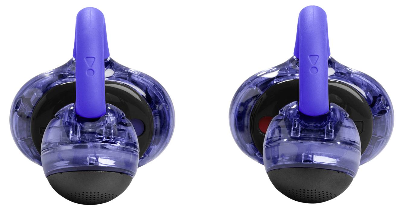 Zwei transparente blaue Ohrhörer mit gebogenen Haken, entwickelt für einen sicheren Sitz und klaren Klang.