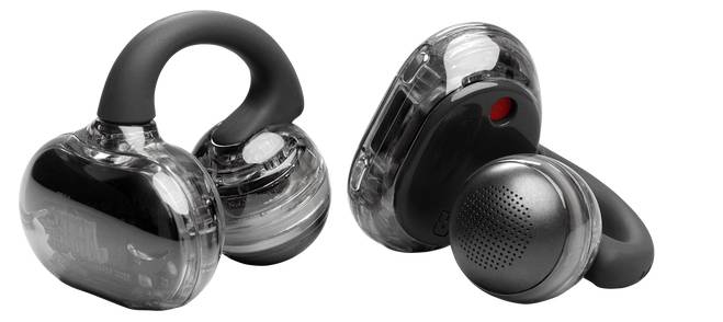 Zwei transparente kabellose Ohrhörer mit schwarzen Ohrbügeln und grauem Außengehäuse werden gezeigt. Ein Ohrhörer liegt mit der Vorderseite nach oben, der andere mit der Vorderseite nach unten.