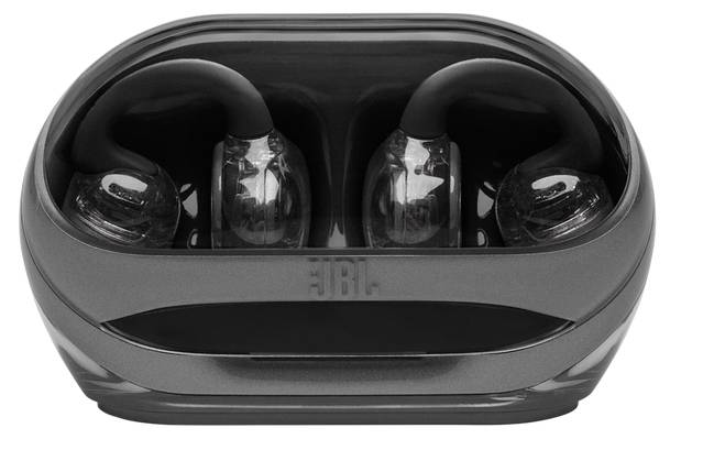 Kabellose Ohrhörer in einem dunklen Ladegehäuse mit transparentem Deckel, das ein elegantes und kompaktes Design zeigt.