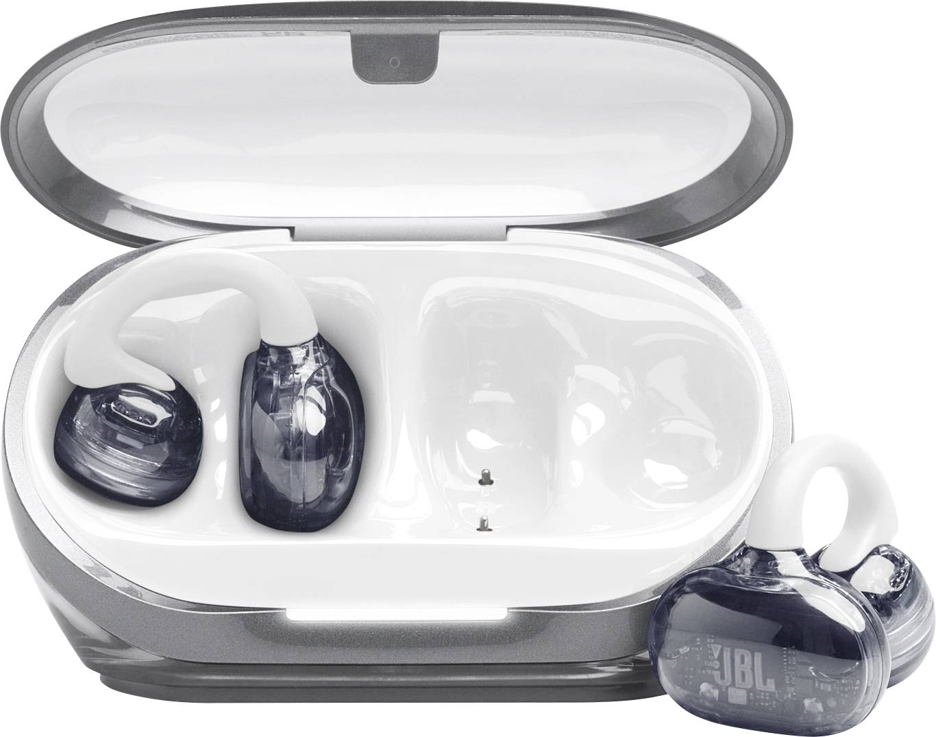 Graue kabellose Ohrstöpsel in einer passenden Ladeschale mit dem Markenlogo auf der Vorderseite.