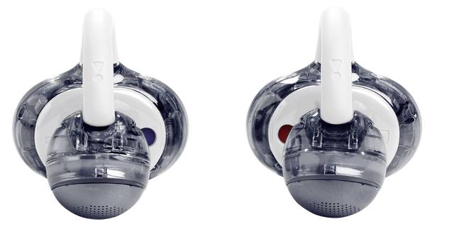 Zwei kabellose Ohrhörer, von vorne und von hinten gezeigt. Die Ohrhörer verfügen über ein durchsichtiges Design mit sichtbaren inneren Komponenten und weißen Akzenten.