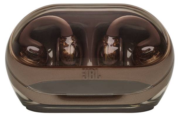 Ohrhörer in einem transparenten, braunen Ladeetui, das das Markenlogo auf der Vorderseite zeigt.