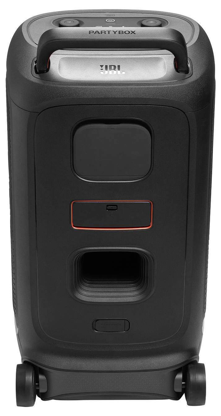 Hoher schwarzer tragbarer Lautsprecher mit Rollen, Tragegriff, Bedienungstasten auf der Oberseite und Lautsprechergitter an der Seite.
