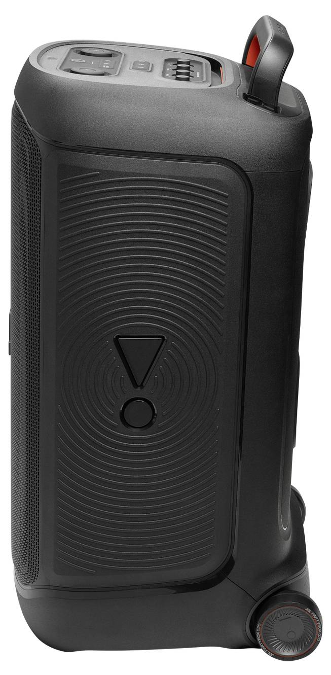 Ein tragbarer schwarzer Audiolautsprecher mit Griff und Bedienfeld oben, mit einem auffälligen Ausrufezeichendesign an der Seite.