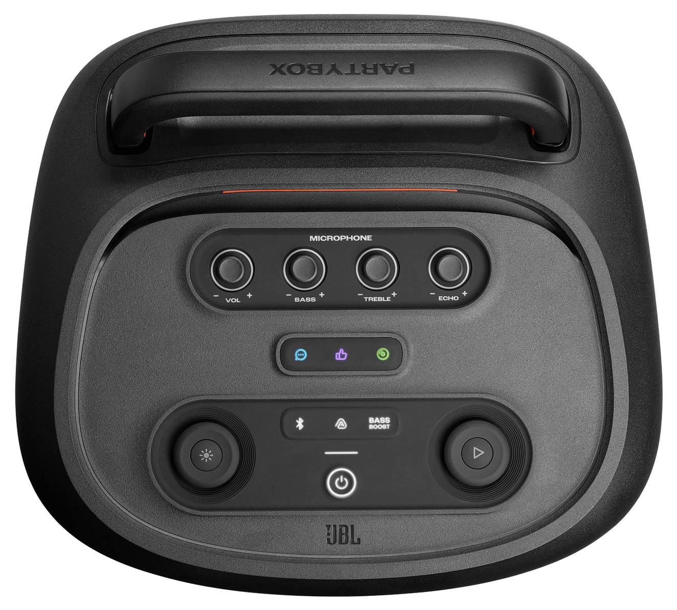 Draufsicht eines schwarzen tragbaren Lautsprechers mit Reglern für Lautstärke, Bass, Höhen und Echo sowie sichtbaren Energie- und Bluetooth-Tasten.