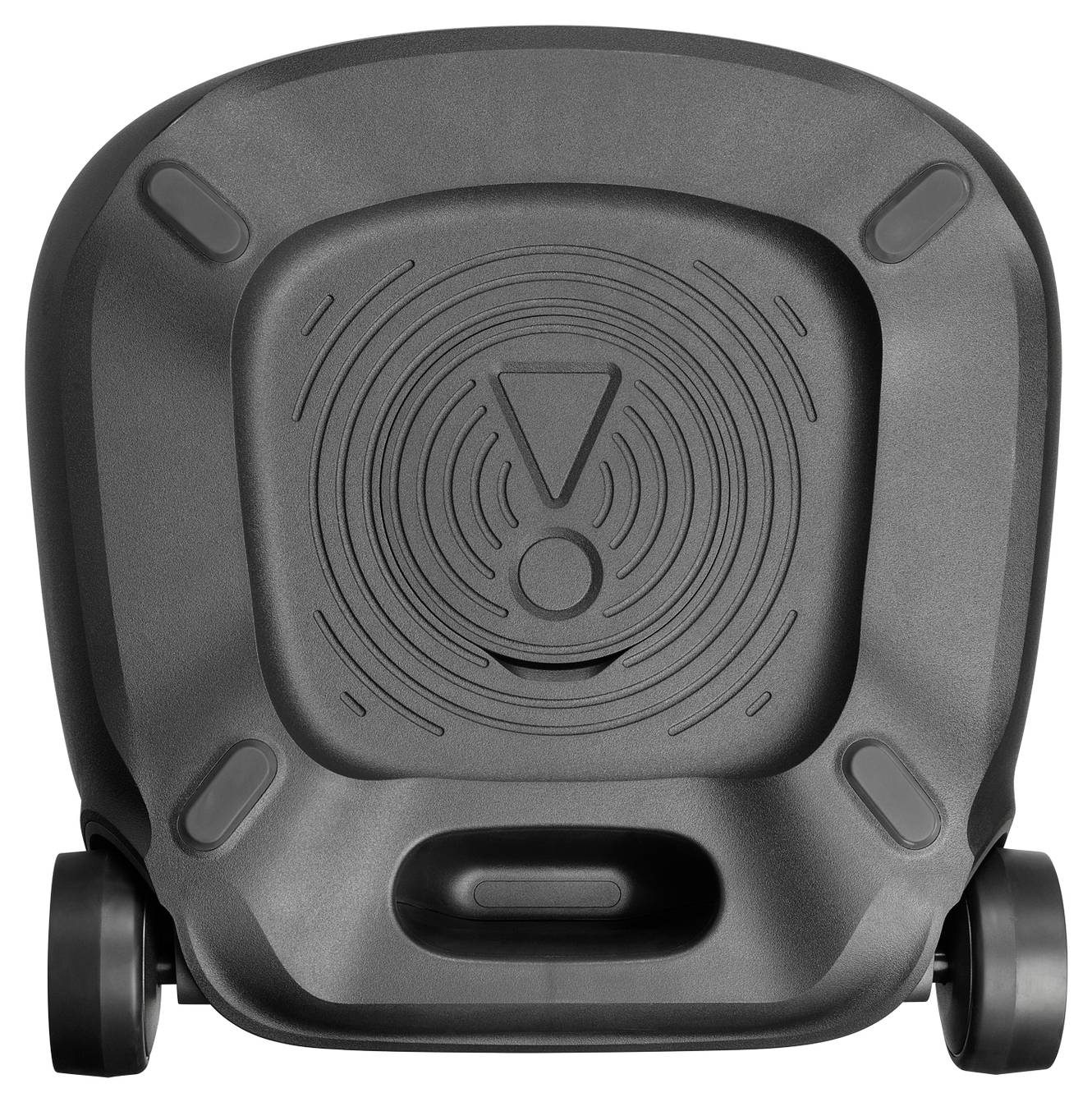 Ein moderner schwarzer Bodenreinigungsroboter mit einem kreisförmigen Spiralmuster und Rädern, von oben betrachtet, der wahrscheinlich für Hausreinigungsaufgaben verwendet wird.