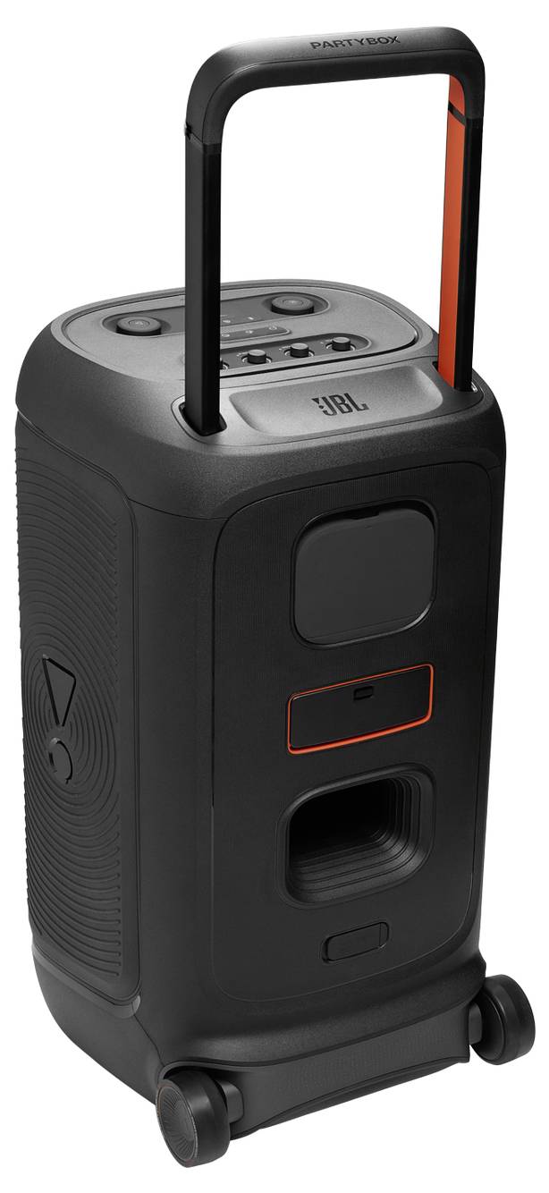 Ein tragbarer Lautsprecher mit Griff und Rädern, ausgestattet mit Bedienungstasten und dem Markennamen 'JBL' auf dem oberen Bedienfeld.