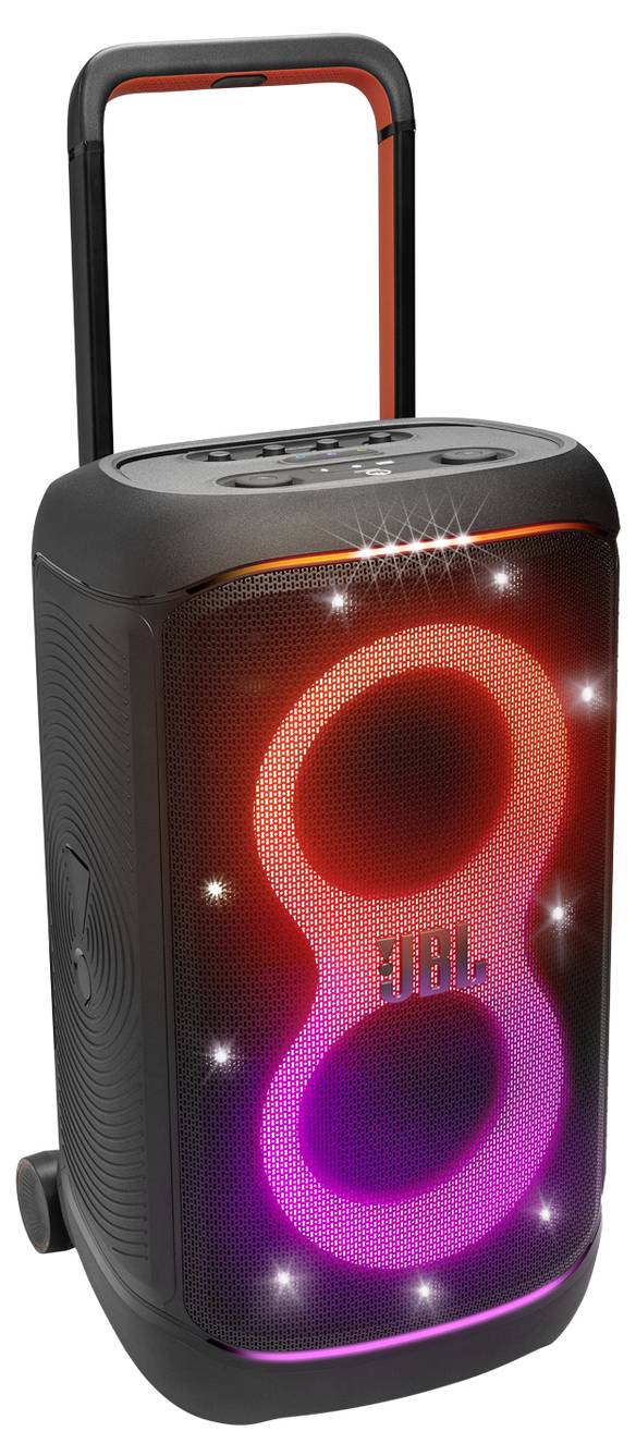 Ein tragbarer Lautsprecher mit Griff und Rollen, der ein großes, beleuchtetes Design in Form einer hellen Acht an der Vorderseite aufweist.