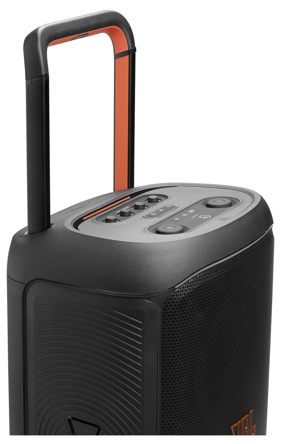 Ein tragbarer schwarzer Lautsprecher mit einem orangefarbenen Griff, der auf der Oberseite Bedienungselemente für Ein/Aus, Lautstärke und Wiedergabefunktionen aufweist.