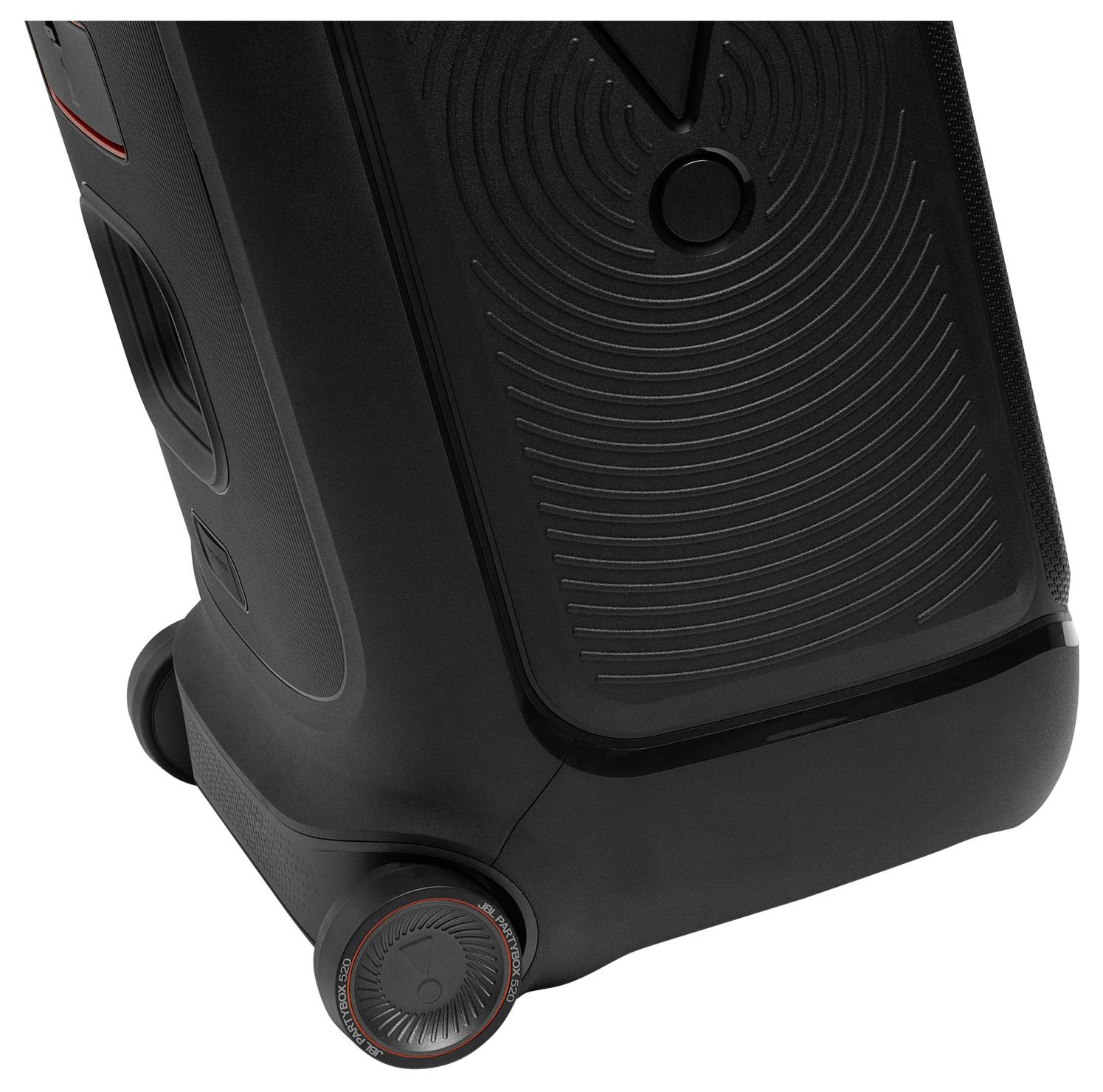 Ein Nahaufnahme-Bild der Ecke eines schwarzen Koffers, das die strukturierte Oberfläche und ein Rad mit rotem Akzent zeigt.