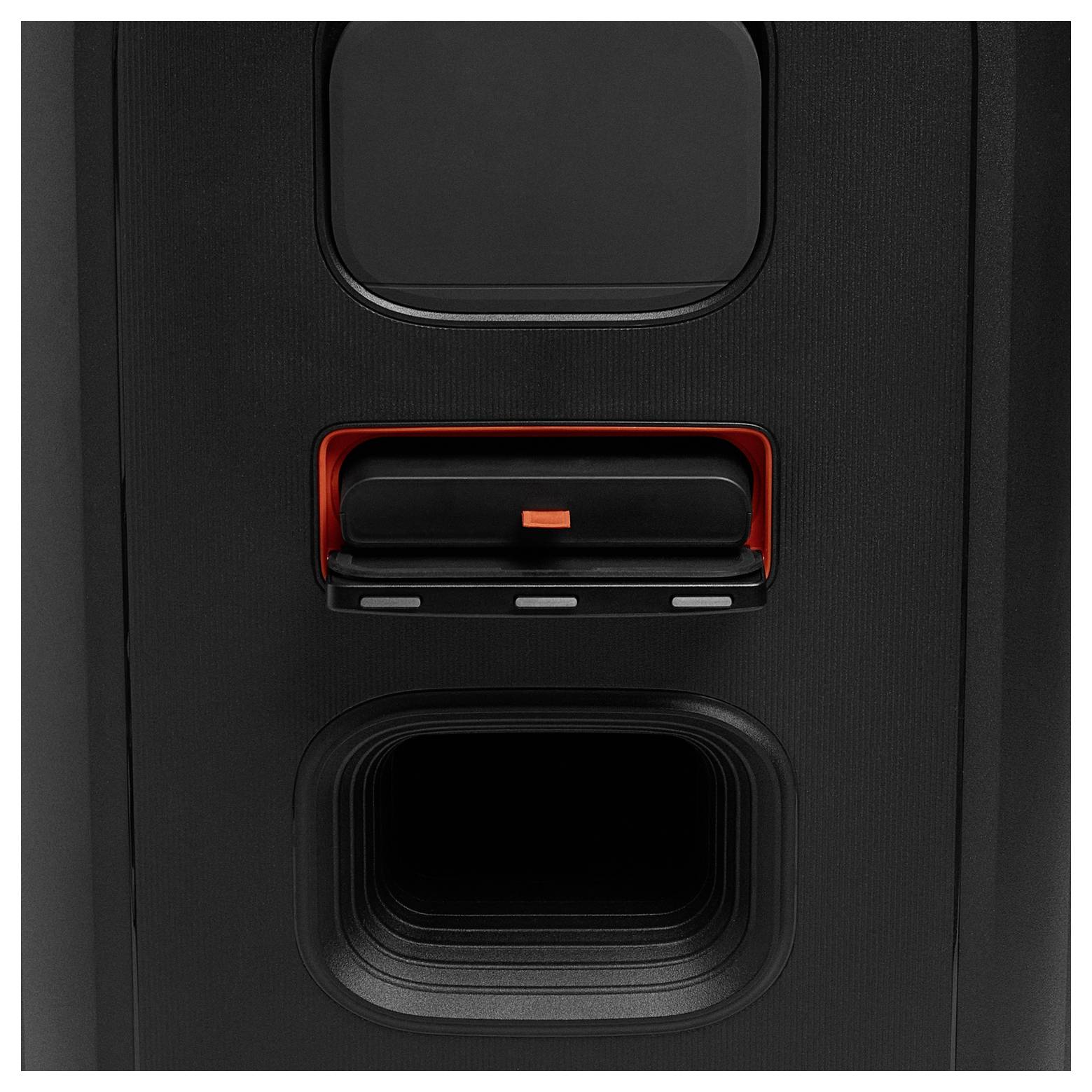 Frontansicht eines schwarzen Lautsprechers mit roten Akzentdetails, mit einem oberen Gitter und einem unteren rechteckigen Anschluss, vor einem einfarbigen Hintergrund.