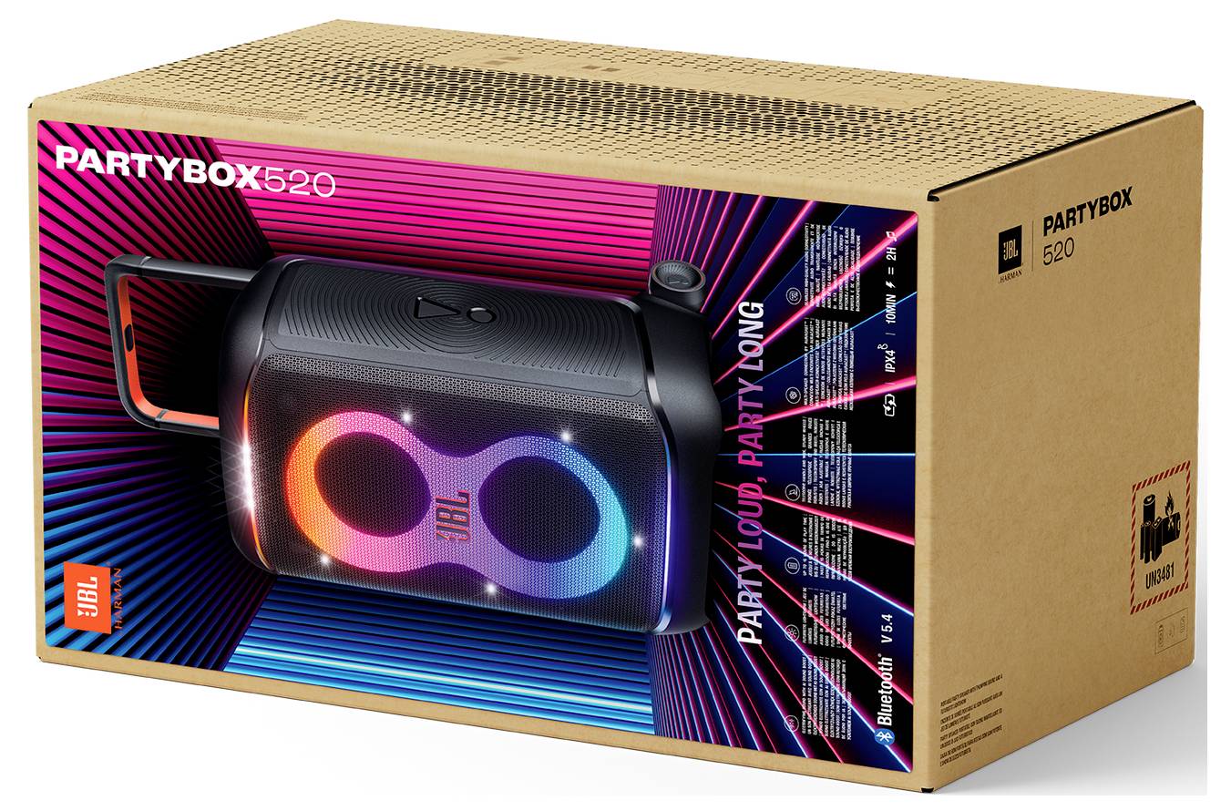Ein in einer Box verpackter 'JBL PartyBox 520' tragbarer Bluetooth-Lautsprecher mit bunten LED-Ringen und einem Griff, geeignet für Musikveranstaltungen und Zusammenkünfte.