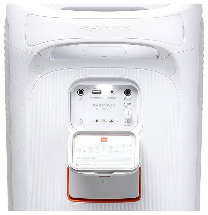 Rückansicht eines weißen Lautsprechers mit der Beschriftung 