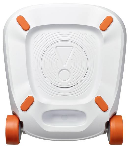 Ein weißes Objekt mit orangefarbenen Akzenten, von oben betrachtet, mit kreisförmigen Mustern und einem Ausrufezeichen in der Mitte.