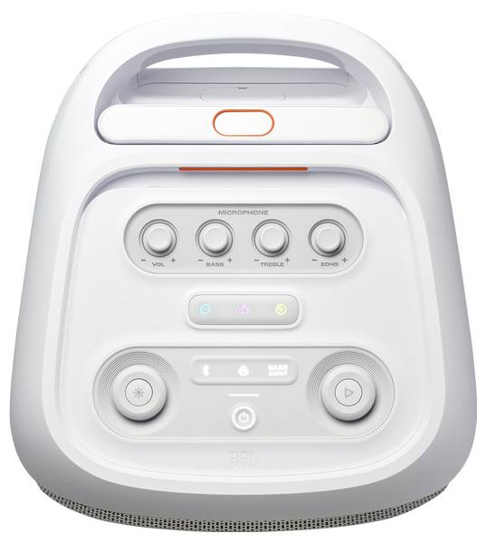 Ein weißer tragbarer Lautsprecher mit Griff, der ein Bedienfeld für Lautstärke, Bass, Höhen und Echo enthält; inklusive Mikrofoneinstellungen.