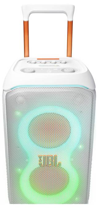 Ein weißer tragbarer Lautsprecher mit farbigen LED-Lichtern um zwei große kreisrunde Lautsprecher, mit einem Griff und Tasten oben drauf.