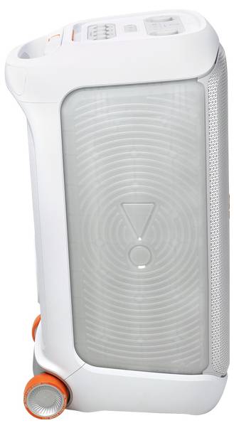 Ein moderner, tragbarer Lautsprecher mit einem weiß-orangefarbenen Design, mit Bedienelementen auf der Oberseite und Rädern für einfachen Transport an einer Seite.