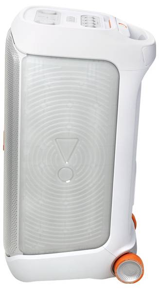 Ein weißer und orangefarbener tragbarer Lautsprecher mit strukturierter Frontblende, Tragegriff und Bedienungstasten auf der Oberseite.