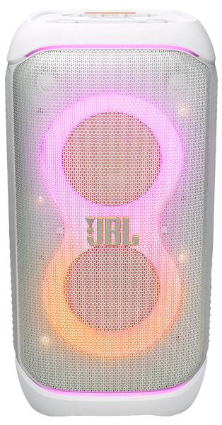 Ein weißer JBL-Lautsprecher mit bunter LED-Beleuchtung.
