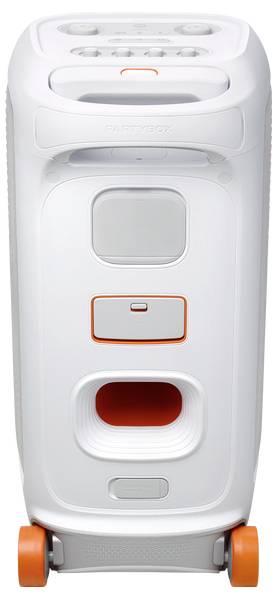 Ein weißer tragbarer Lautsprecher mit orangefarbenen Akzenten, Bedienungstasten auf der Oberseite und Rollen für Mobilität.