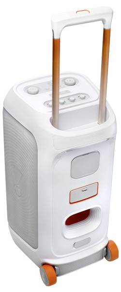 Ein weißer tragbarer Lautsprecher mit orangefarbenem Griff und Rädern, ausgestattet mit Bedienungstasten und einem Lautsprechergitter an der Seite.