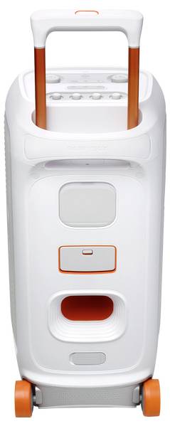 Ein weißer tragbarer Lautsprecher mit orangefarbenen Akzenten, ausgestattet mit einem Griff und Rollen für einfache Transportierbarkeit.